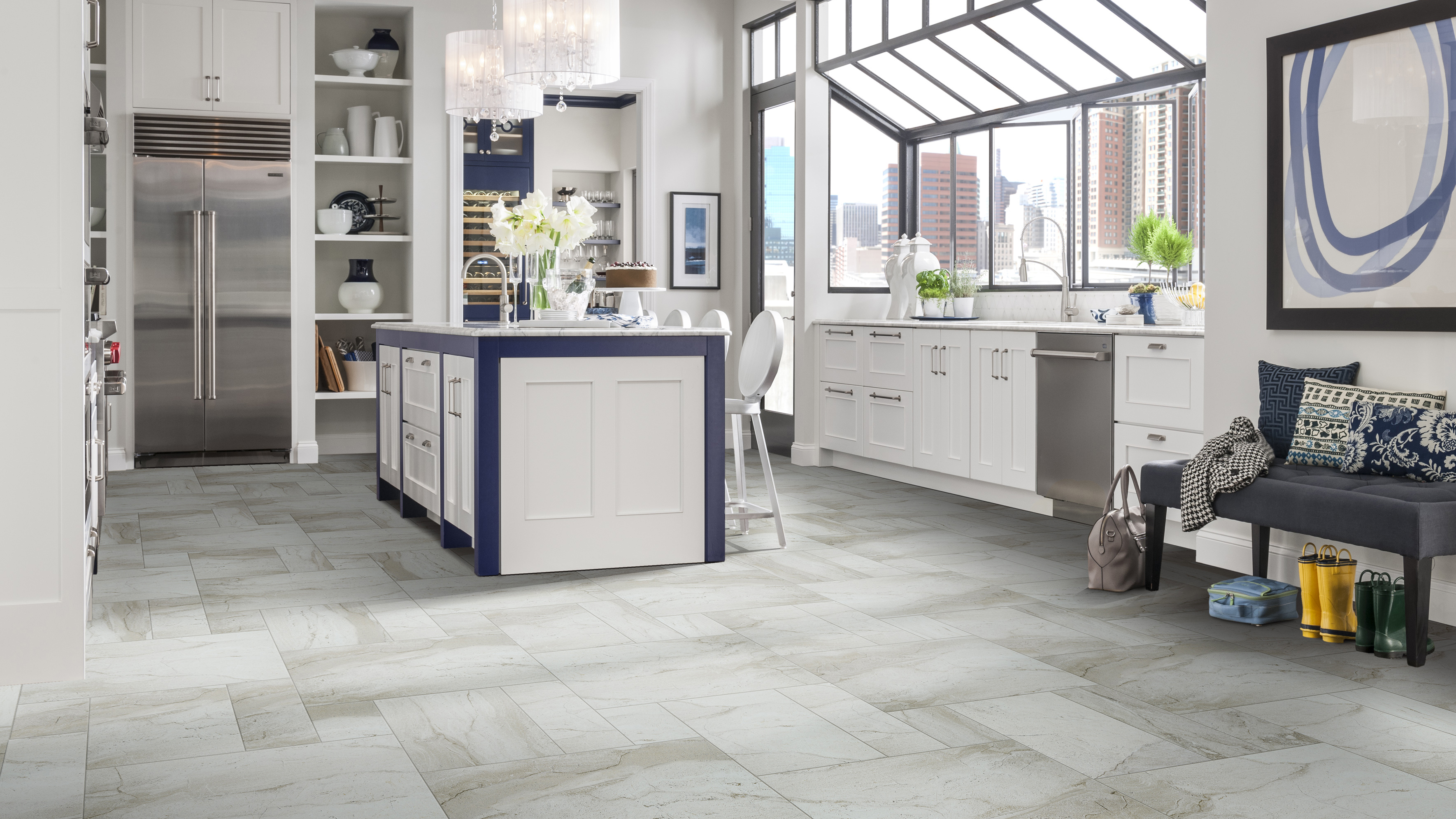 Tile floor in a kitchen